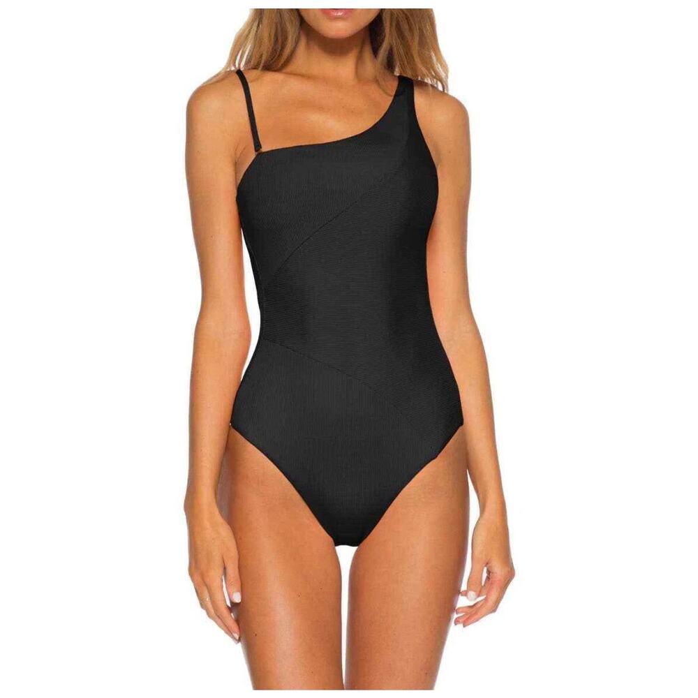 Becca Womens Black Fine Ribbed One Shoulder One Piece Medium